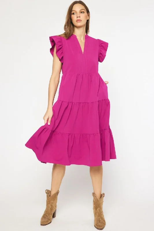 Ruffled Pocket Tiered Midi Dress, Violet Fashionable Wide Leg Midi Dress