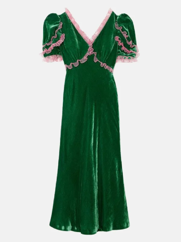 Ruffled Tulle Trimmed Velvet Midi Dress in Green Trendy Tiered Hem Midi Dress