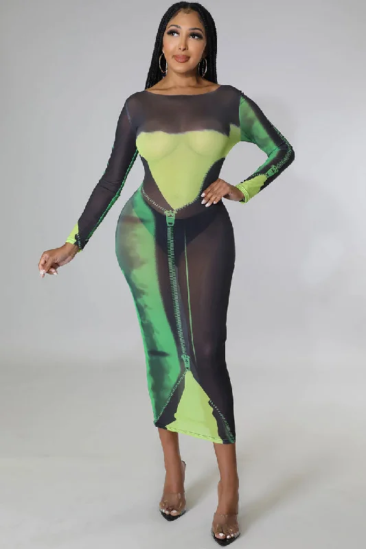 Sexy Round Neck Tie Dye Printed Long Sleeve Sheer Mesh Midi Dress - Green Fashionable Skater Midi Dress