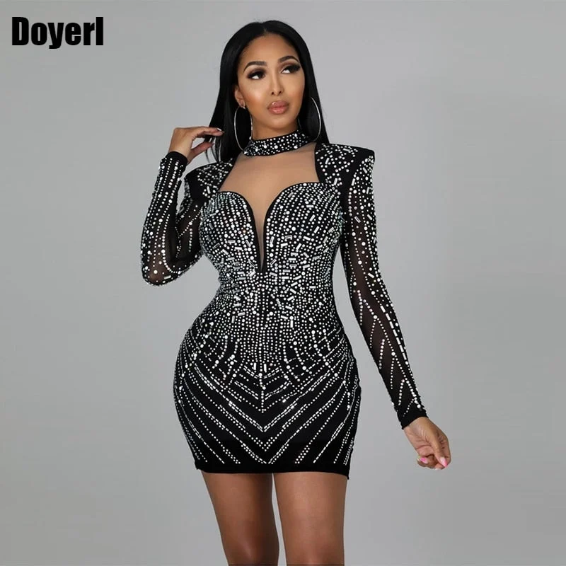 Sexy Sparkly Birthday Dress for Women Rhinestone Evening Elegant Christmas Dress Long Sleeve Tight Bodycon Party Mini Dress Club Elegant Tulle Mini Dress