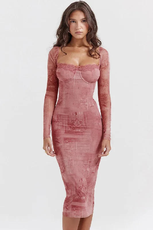 Sexy Sweetheart Lace Up Back Bodycon Printed Cocktail Party Midi Dress - Pink Comfortable Ribbed Midi Dress