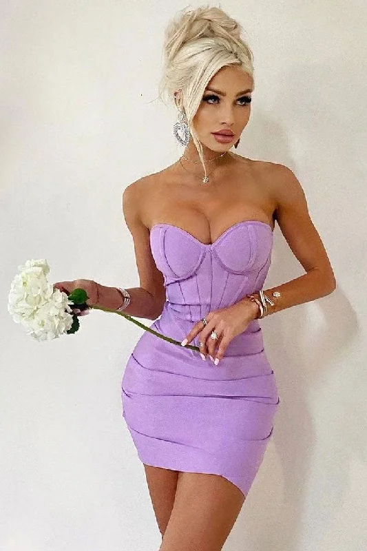 Sexy Sweetheart Strapless Pleated Bodycon Bandage Mini Dress - Purple Cozy Cotton Mini Dress