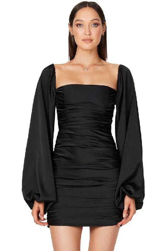 Silky Satin Square Neck Bishop Sleeve Ruched Party Mini Dress - Black Fashionable Pleated Mini Dress