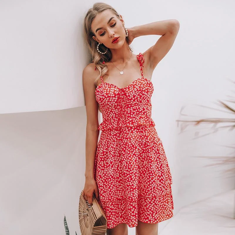 Boho Style Sleeveless Floral Print Summer Dress High Waist Ruffle Mini Dress Cozy Ribbed Mini Dress