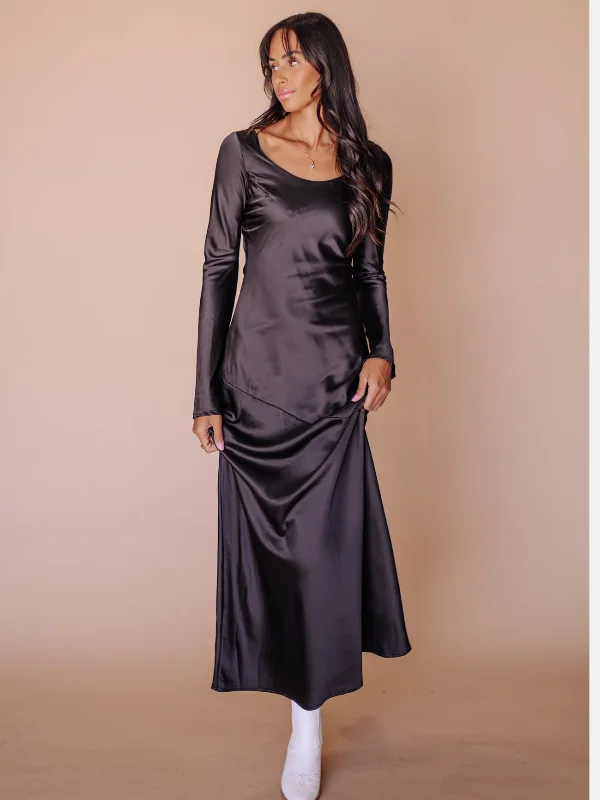 Siri Satin Long Sleeve Midi Dress Fashionable Sheer Sleeve Midi Dress