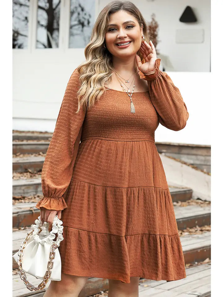 Smocked & Tiered Mini Dress (Plus) Casual High-Waist Mini Dress