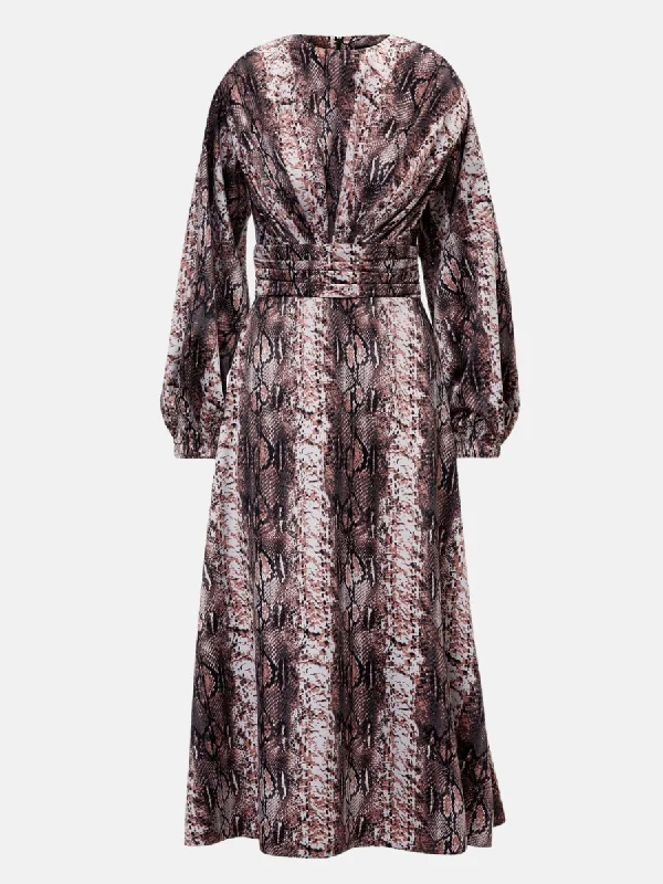 Snake Print Midi Dress With Shoulder Pads Detail And Pleats Comfortable Deep V Midi Dress