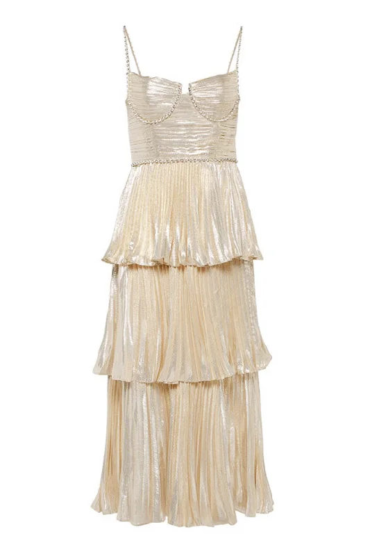 Sparkly Crystal Bustier Sleeveless Metallic Pleated Tiered Cocktail Midi Dress Fashionable Wide Leg Midi Dress