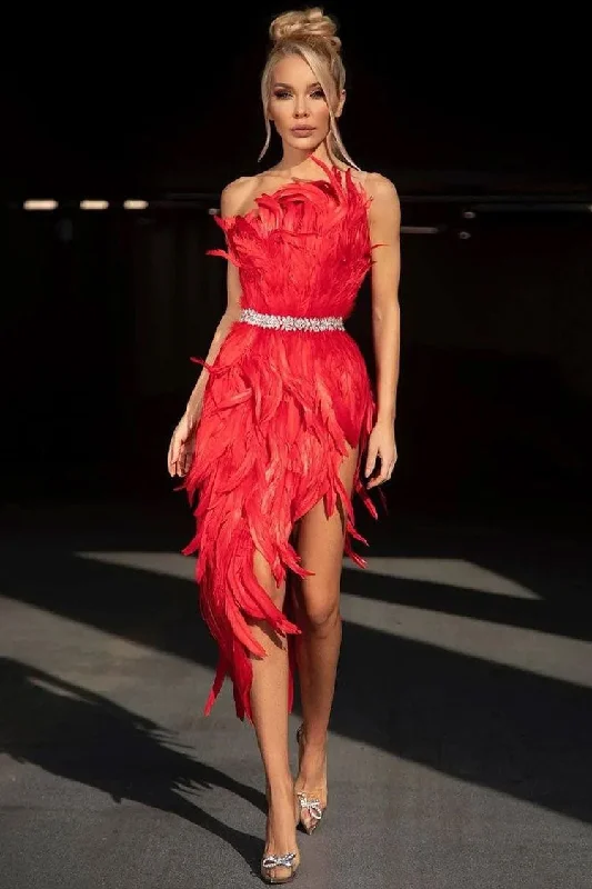 Sparkly Crystal One Shoulder High Slit Feather Midi Dress - Red Stylish Striped Midi Dress