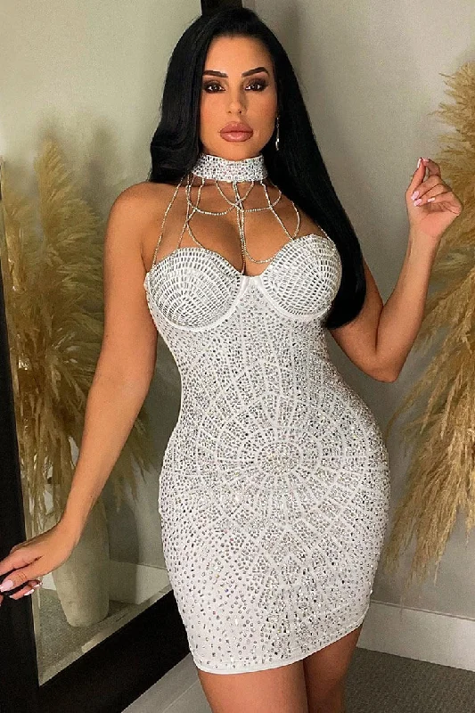 Sparkly Rhinestone Chain Halter Sweetheart Bodycon Party Mini Dress - White Stylish Ribbed Mini Dress