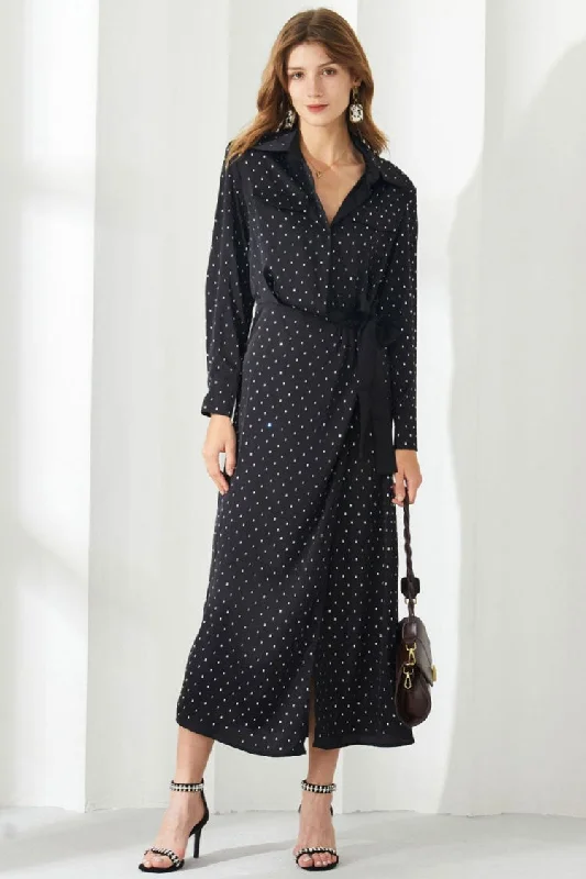 Sparkly Rhinestone Dotted Collared Long Sleeve Belted Shirt Midi Dress - Black Fashionable Plaid Midi Dress