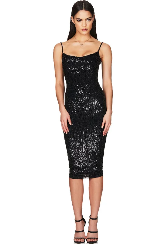 Sparkly Sequin Scoop Neck Spaghetti Strap Cocktail Party Midi Dress - Black Trendy Boho Midi Dress