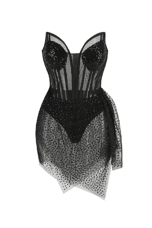 Sparkly Sequin Sweetheart Bustier Sheer Mesh Corset Rhinestone Club Mini Dress Comfortable Zip-Up Mini Dress