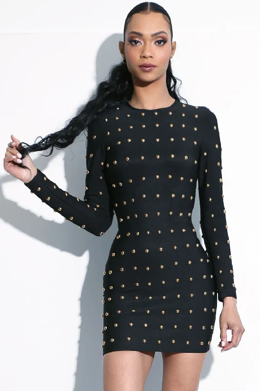 KARA | Women's Black Long Sleeve Gold Stud Mini Dress Comfortable Smocked Mini Dress