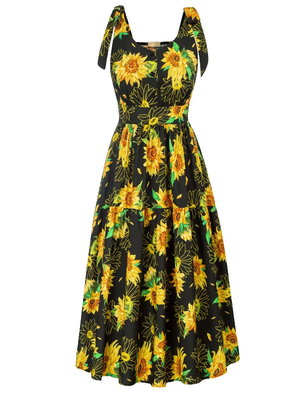 Sunflower Printed Tiered Midi Dress Sleeveless V-Neck Defined Waist A-Line Dress Comfortable Empire Waist Midi Dress