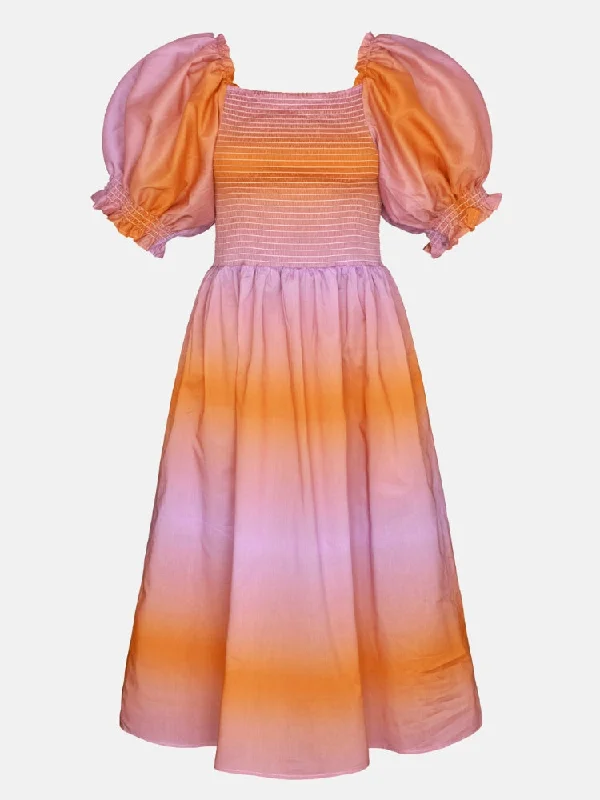 Sunset Purple Orange Smocked Midi Dress Elegant V-Neck Midi Dress