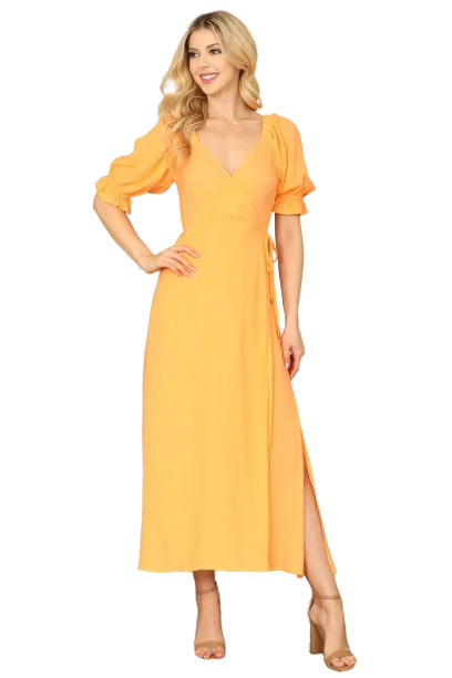 Tangerine Wrap Puff Sleeve Side Slit Solid Midi Dress -  Pack of 5 Elegant Satin Slip Midi Dress