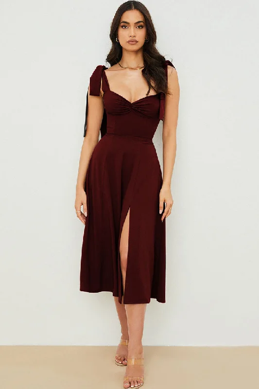 Tie Strap Fit & Flare High Slit Slip Midi Dress - Dark Wine Fashionable One-Shoulder Midi Dress