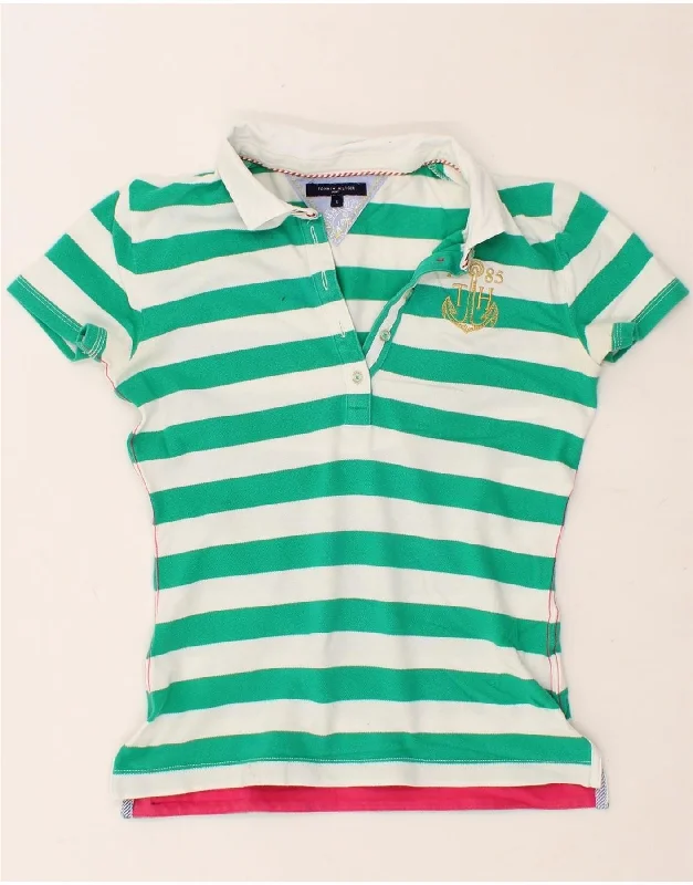 TOMMY HILFIGER Womens Polo Shirt UK 10 Small Green Striped Cotton Relaxed Cotton Short Blouse