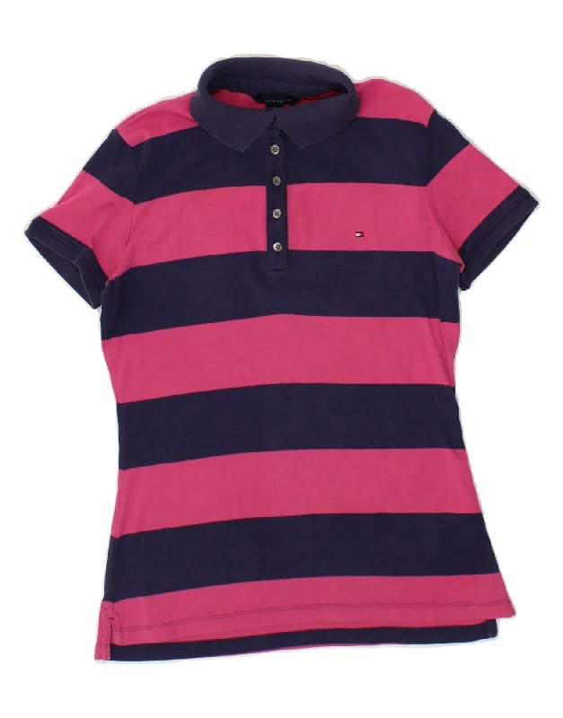 TOMMY HILFIGER Womens Polo Shirt UK 10 Small Pink Striped Cotton Modern Fit Short Sleeve