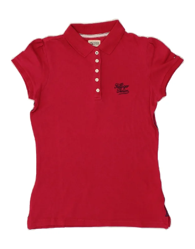 TOMMY HILFIGER Womens Polo Shirt UK 10 Small Red Cotton Classic V-Neck Short Shirt