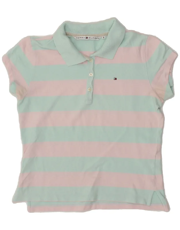 TOMMY HILFIGER Womens Polo Shirt UK 12 Medium Blue Striped Cotton Elegant Button-Down Short Shirt