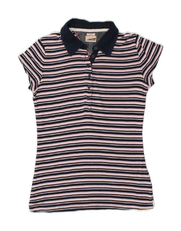 TOMMY HILFIGER Womens Polo Shirt UK 12 Medium Navy Blue Striped Cotton Elegant Button-Down Short Shirt