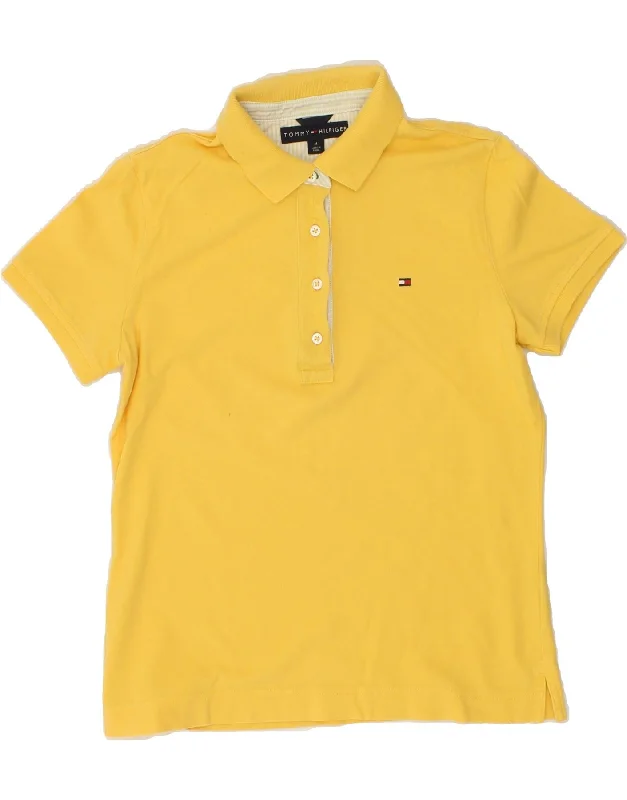 TOMMY HILFIGER Womens Polo Shirt UK 12 Medium Yellow Cotton Elegant Button-Down Short Shirt