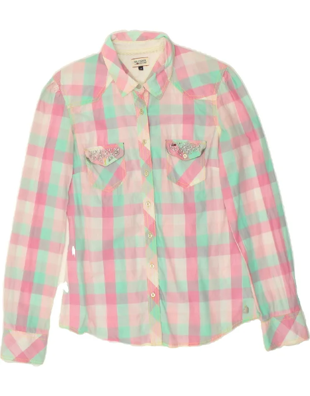 TOMMY HILFIGER Womens Shirt UK 12 Medium Pink Check Cotton Comfortable Knit Short Shirt