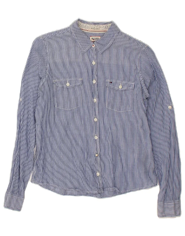 TOMMY HILFIGER Womens Shirt UK 14 Medium Blue Striped Cotton Fashionable Cuffed Short Sleeve