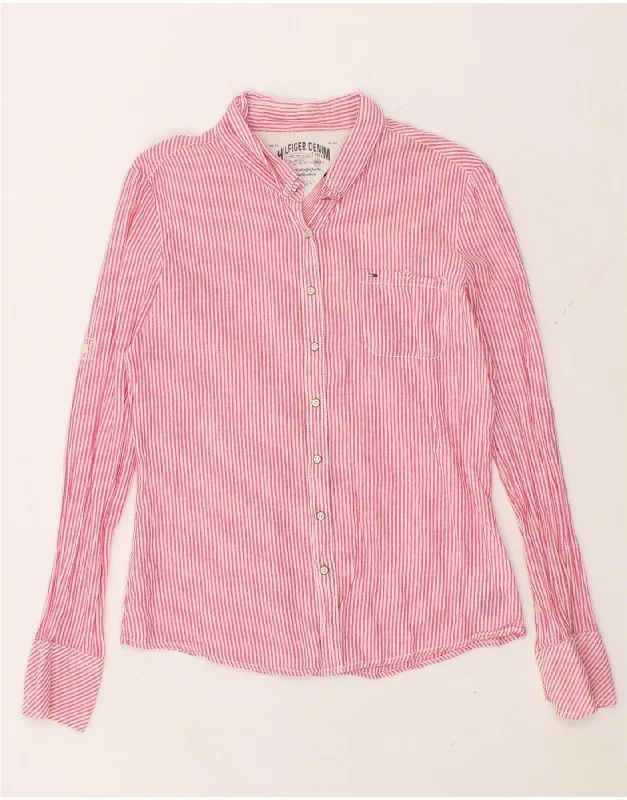 TOMMY HILFIGER Womens Shirt UK 16 Large Pink Pinstripe Linen Stylish Short Sleeve Top