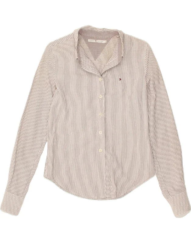 TOMMY HILFIGER Womens Shirt US 4 Small Grey Striped Cotton Comfortable Short Sleeve Blouse