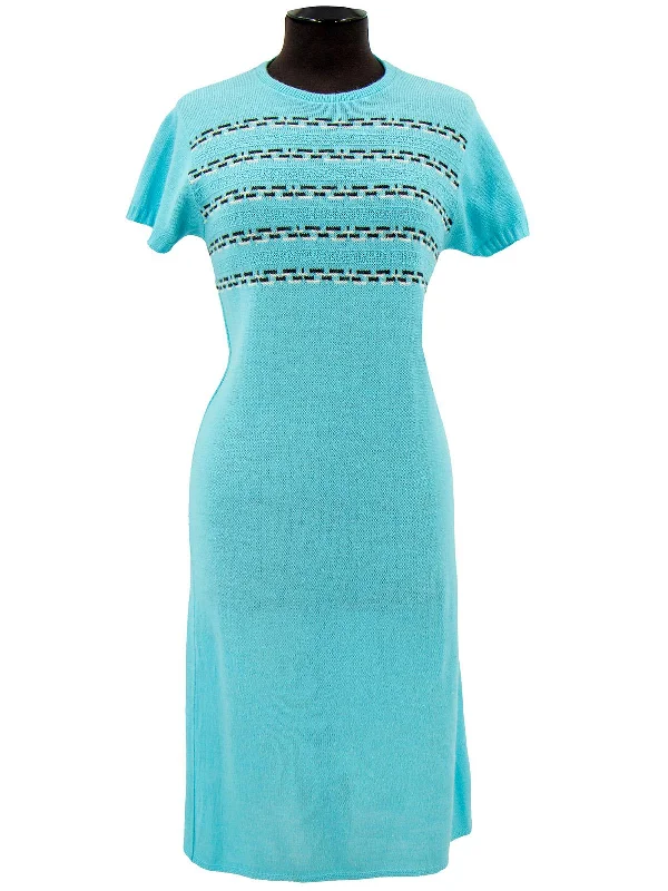 Vintage 1950s Cyan Blue Knitted Midi Dress Chic Lace Detail Midi Dress