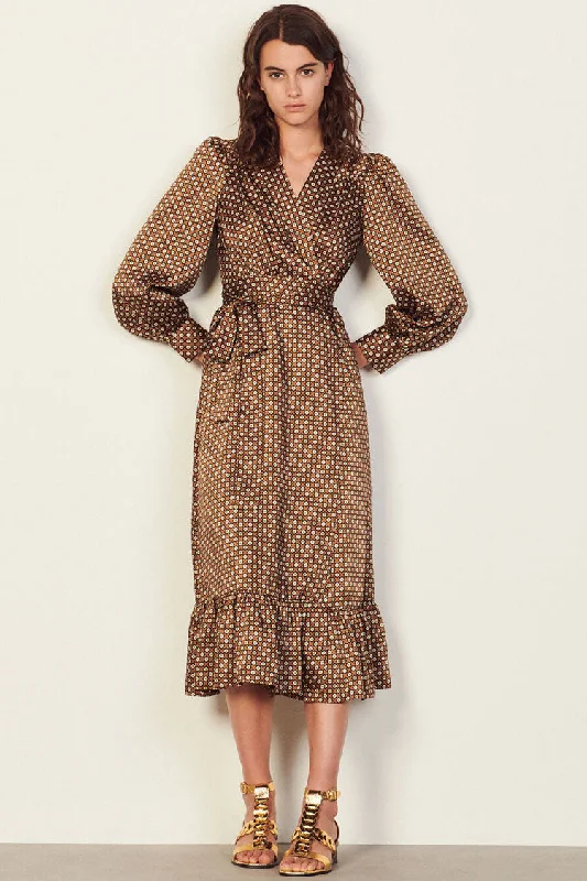 Vintage Floral Printed Long Sleeve Ruffle Wrap Midi Dress - Coffee Elegant Satin Button Midi Dress