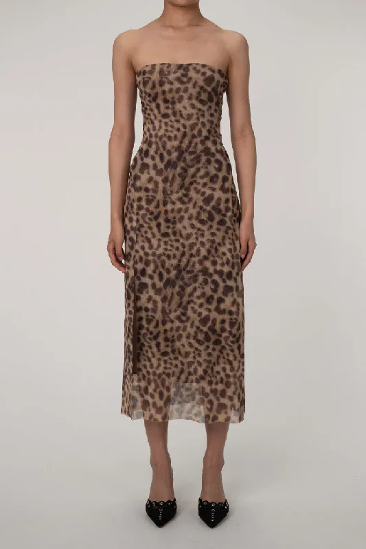 Vintage Leopard Print Strapless Split Sheath Mesh Cocktail Party Midi Dress Fashionable High-Low Midi Dress