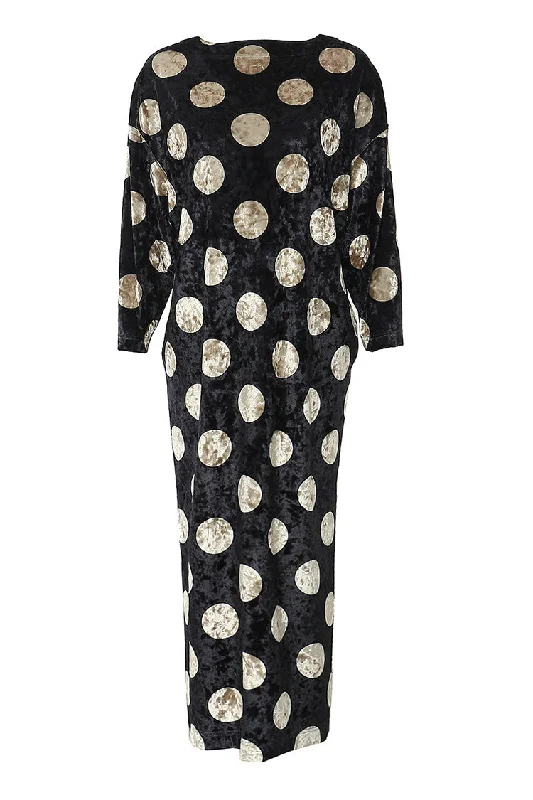 Vintage Polka Dot Round Neck 3/4 Sleeve Side Slit Cocoon Velvet Midi Dress Comfortable Geometric Print Midi Dress