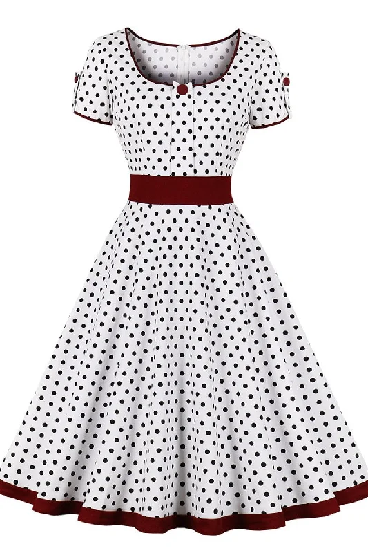 Vintage Polka Dot Short Sleeve A-Line Midi Dress Trendy Off-Shoulder Ruffle Midi Dress