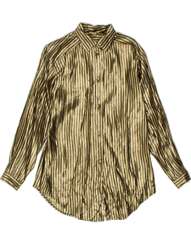 VINTAGE Womens Shirt Blouse IT 42 Medium Gold Striped Viscose Elegant Draped Short Sleeve