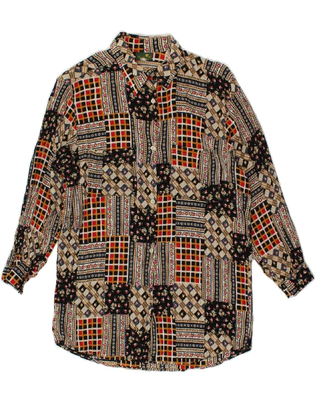 VINTAGE Womens Shirt Blouse UK 14 Large Brown Patchwork Stylish Split-Hem Short Shirt