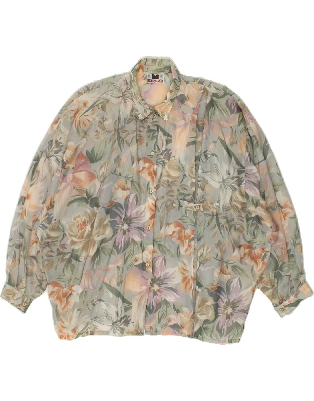 VINTAGE Womens Shirt Blouse UK 20 2XL Green Floral Soft Flowing Short Shirt