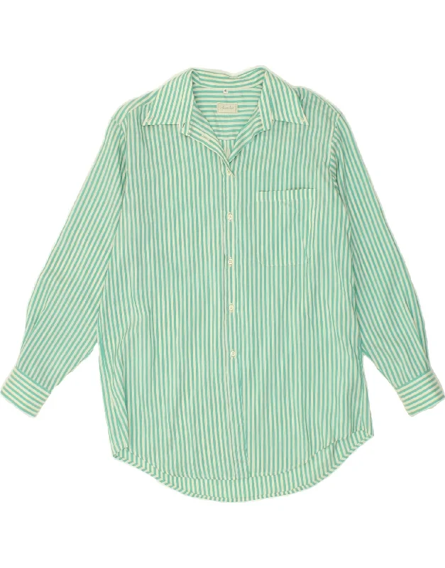 VINTAGE Womens Shirt EU 46 XL Green Pinstripe Cotton Fashionable Button-Front Short Sleeve