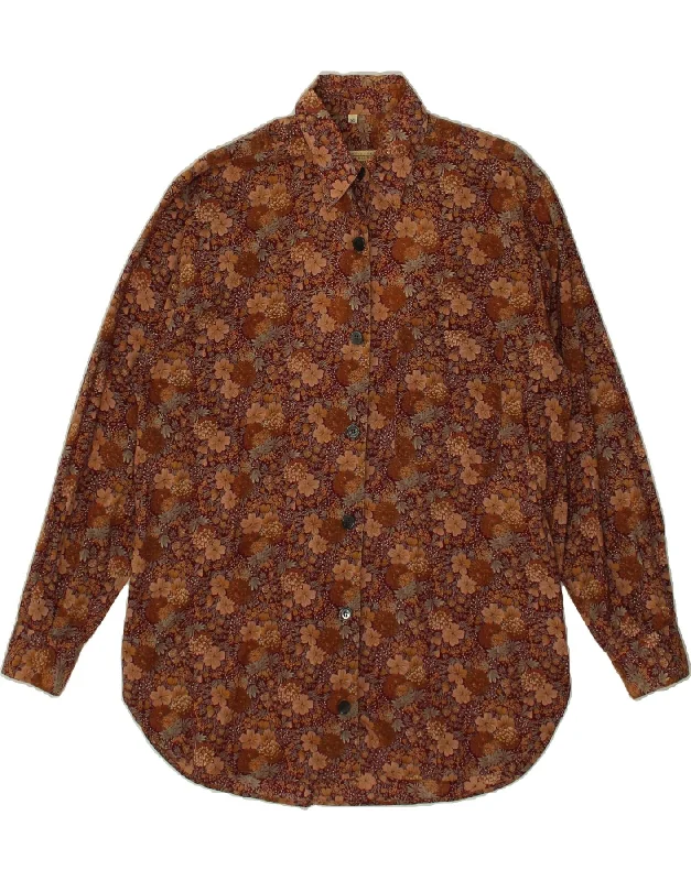 VINTAGE Womens Shirt UK 14 Medium Brown Floral Cotton Casual Plain Short Shirt