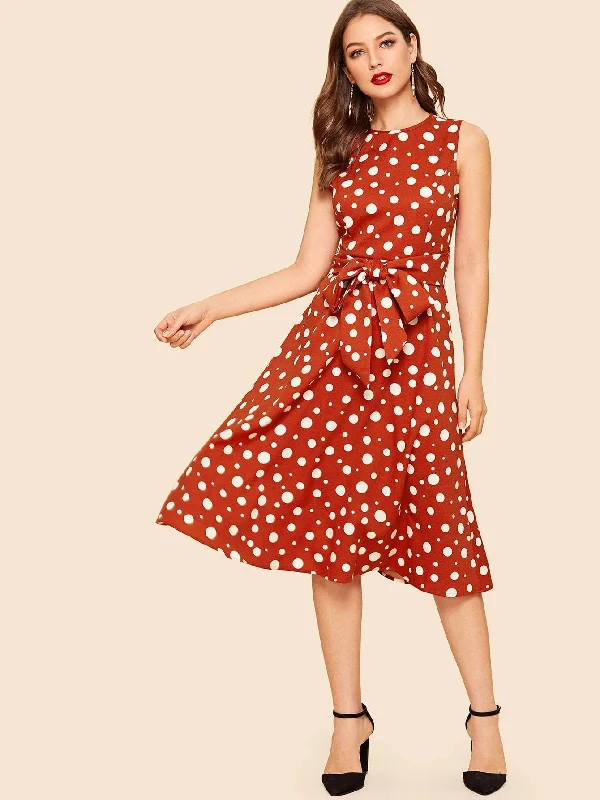 Waist Belted Polka Dot Midi Dress Elegant Maxi-Midi Hybrid Dress