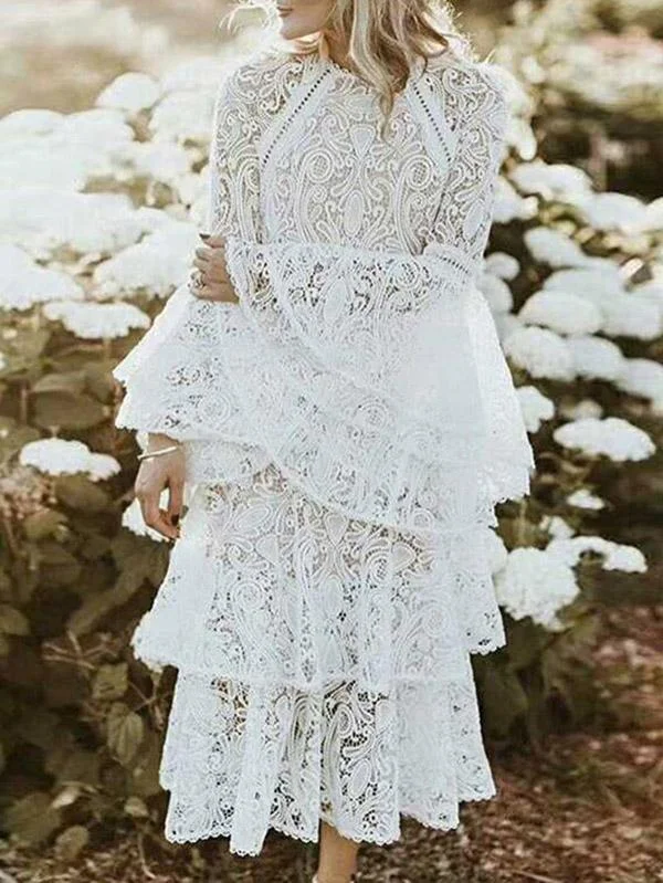 White Lace Flared Sleeves Tiered Falbala Midi Dress Trendy Ruched Side Midi Dress