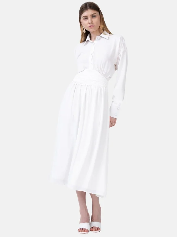 White Midi Dress With Button And Corset Trendy A-Line Midi Dress