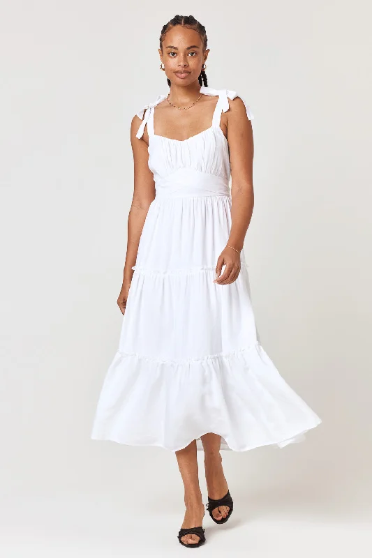 White Ruffle Midi Dress Trendy Smocked Detail Midi Dress