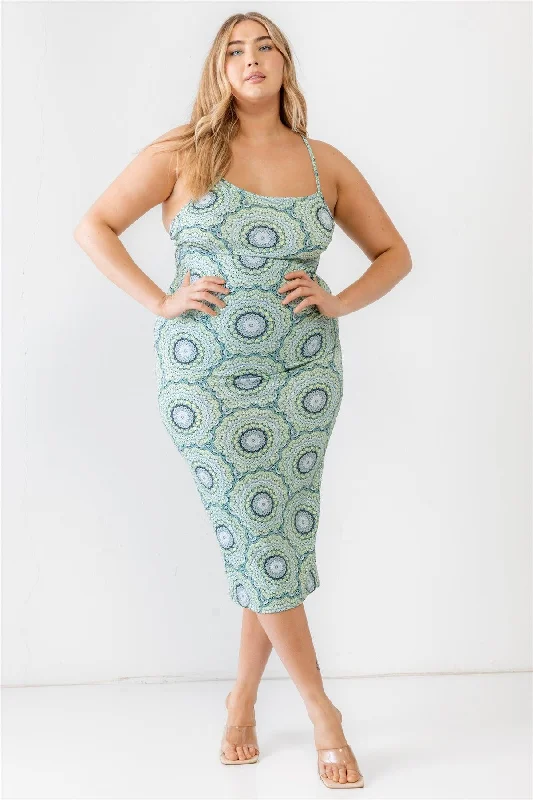 Plus Size Lime Retro Abstract Print Sleeveless Midi Dress Trendy Smocked Detail Midi Dress