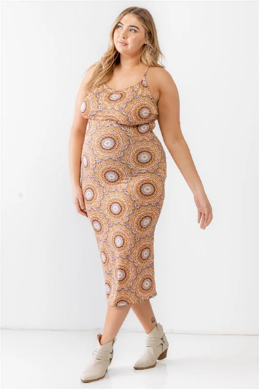 Plus Size Mustard Retro Abstract Print Sleeveless Midi Dress Elegant Faux Wrap Midi Dress