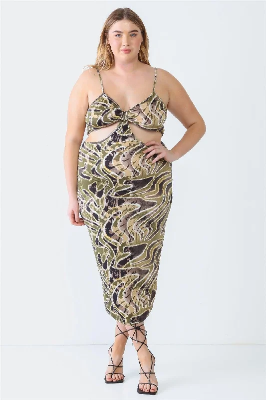 Olive Plus Size Printed Bow Cut-Out Sleeveless  Midi Dress Comfortable Sleeveless Midi Dress