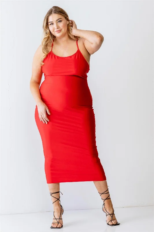 Plus Size Strappy Back Criss-Cross Midi Dress Comfortable Adjustable Strap Midi Dress